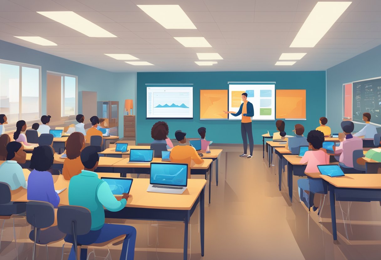 A classroom filled with interactive screens and devices, students engaged in virtual learning, teacher using advanced software for instruction Tecnologia
