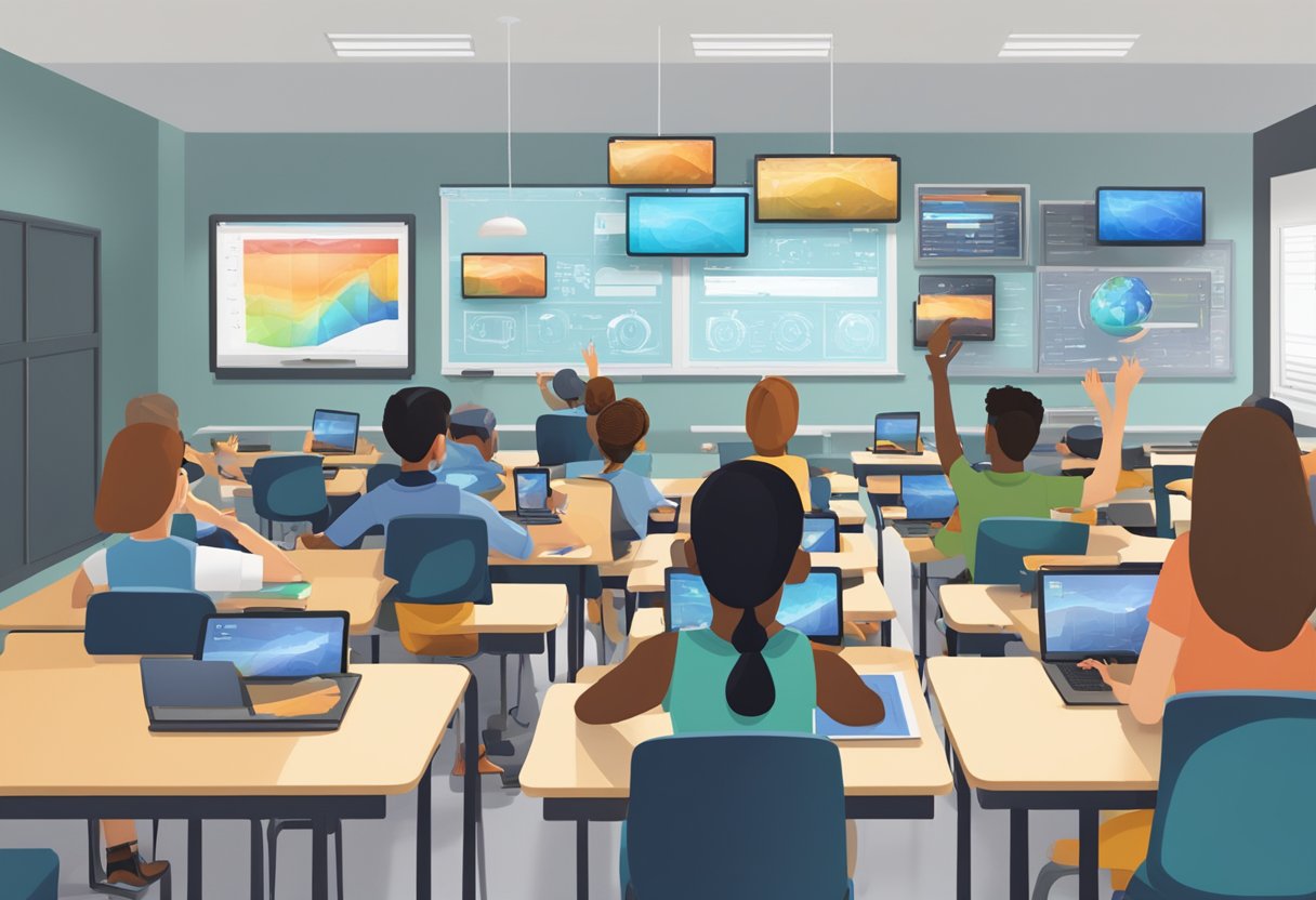 A classroom filled with interactive screens, tablets, and virtual reality headsets. Students are engaged in hands-on learning, while the teacher utilizes advanced software to facilitate a dynamic and innovative lesson