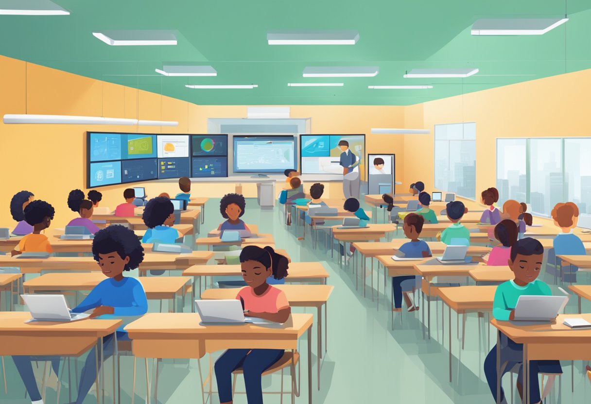 A classroom filled with interactive screens and tablets, students engaged in virtual learning activities, and teachers using digital tools to enhance the educational experience