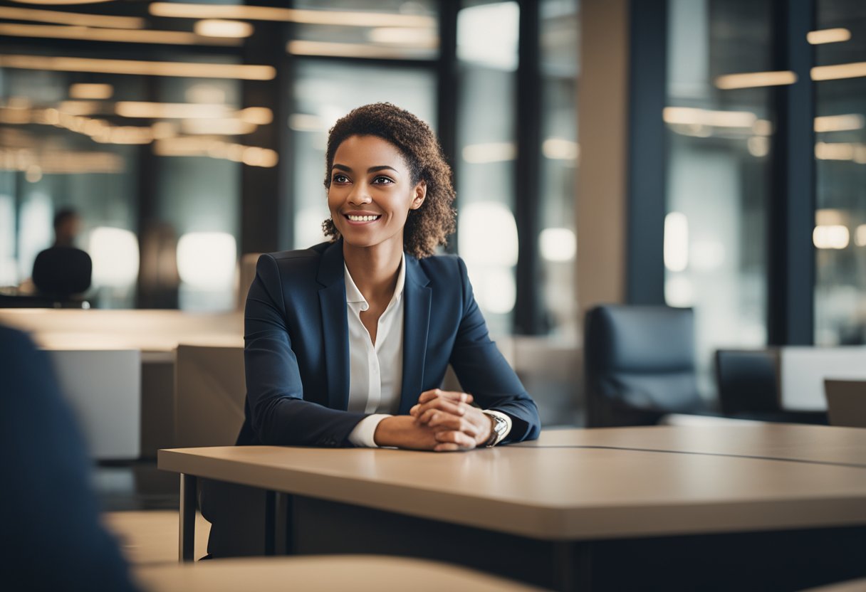 A confident individual sitting in a well-lit room, making eye contact and using expressive gestures while speaking to a panel of interviewers -  Entrevista