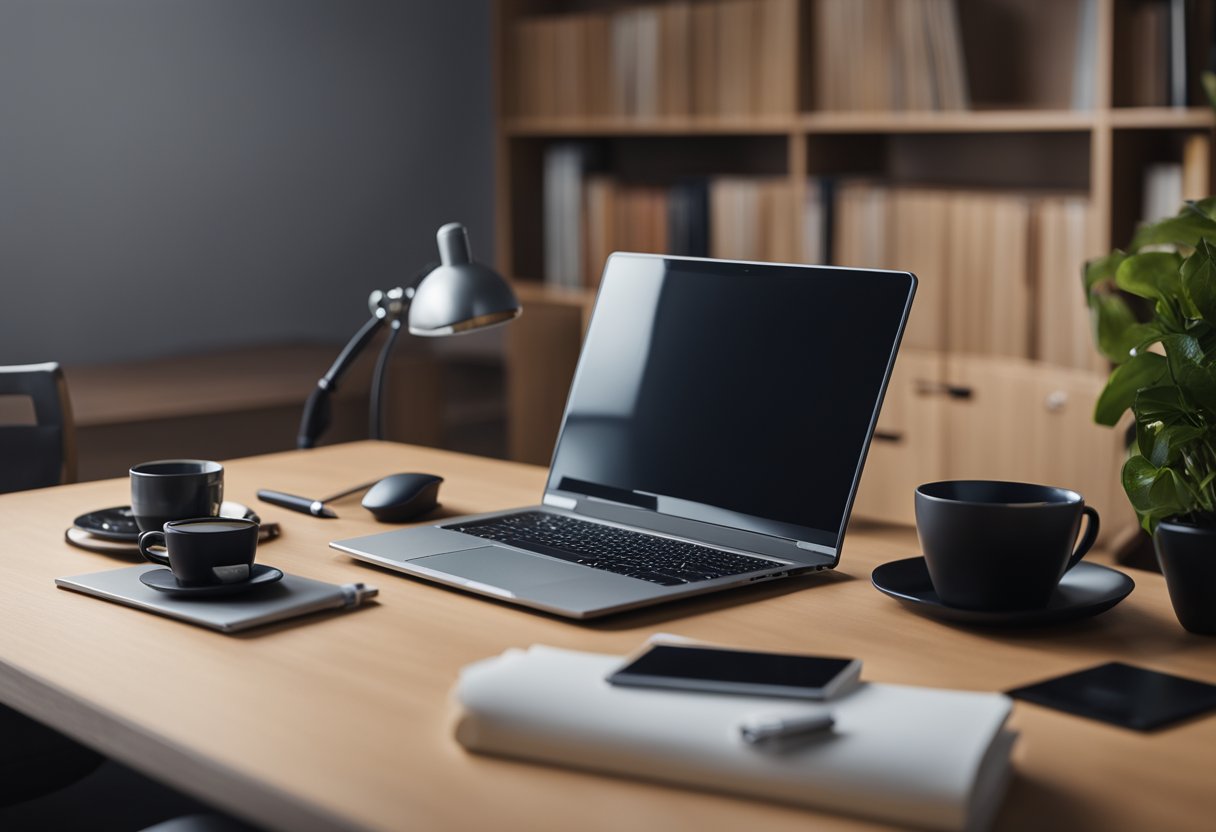 A desk with a neatly organized notebook, pen, and a laptop open to a job interview preparation webpage. A confident posture chair