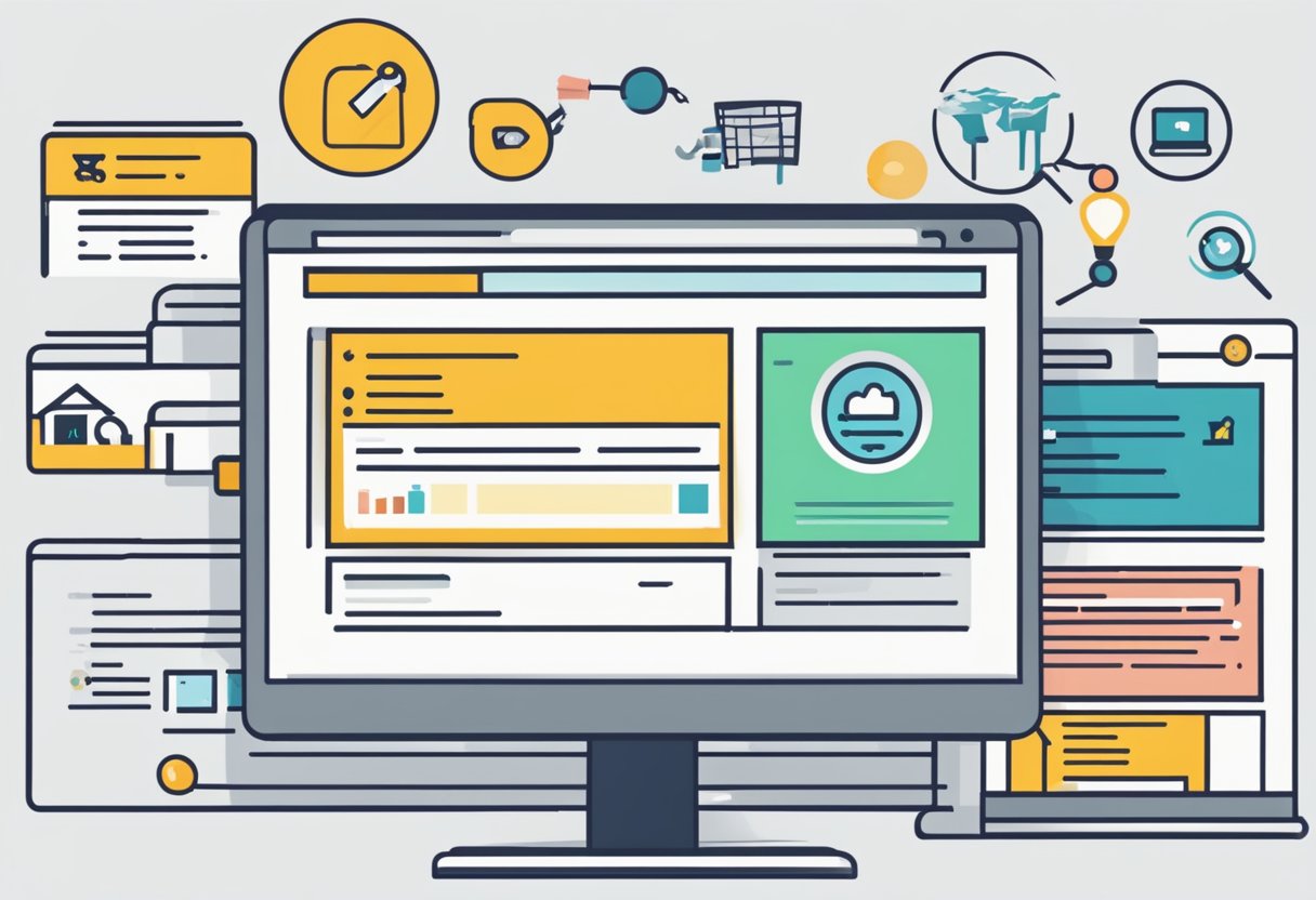 A computer screen displays a list of top job search websites. Icons of various companies and industries are visible, with job listings and search bars Sites