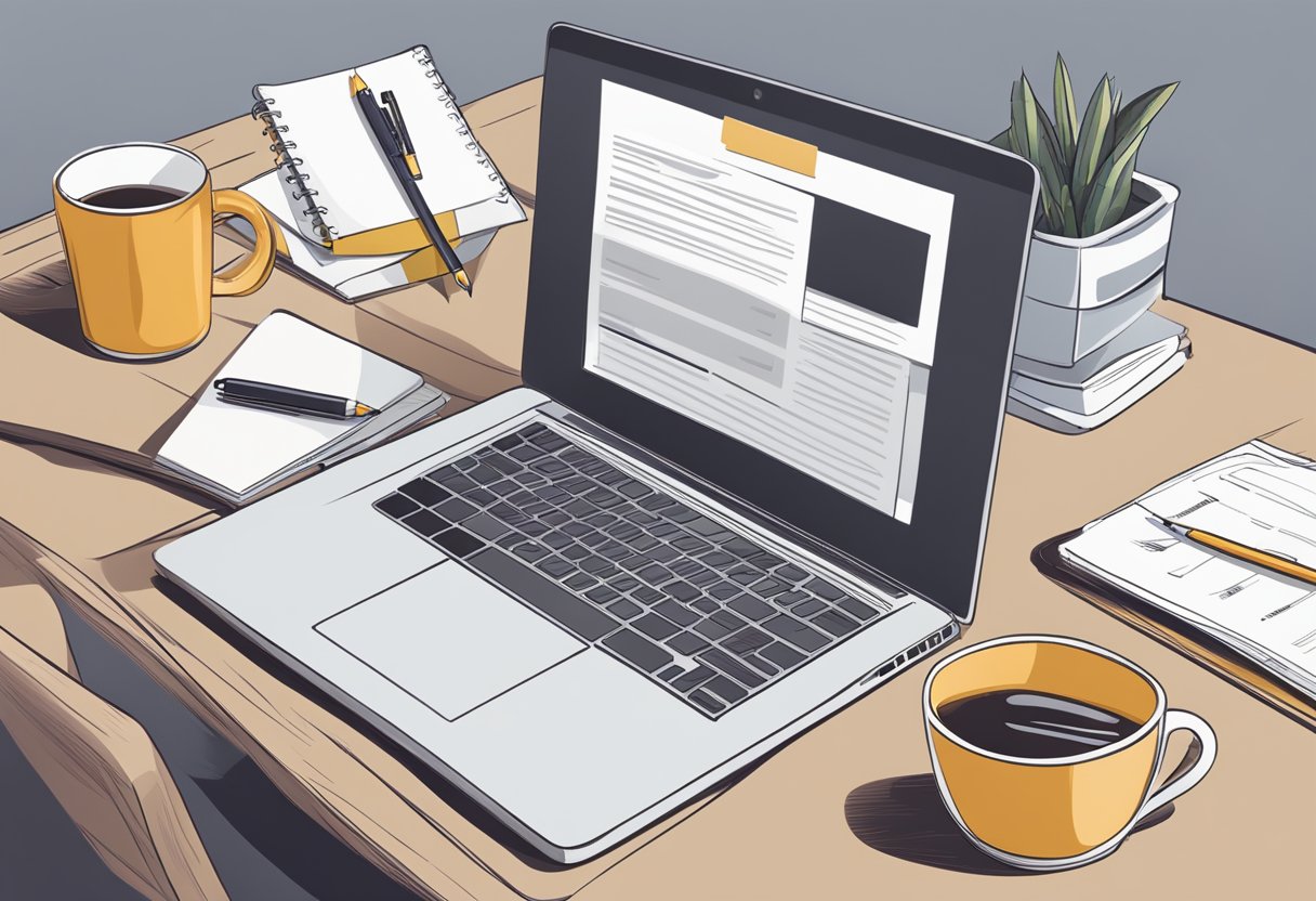 A desk with a laptop open to a job search website, surrounded by a notebook, pen, and a cup of coffee