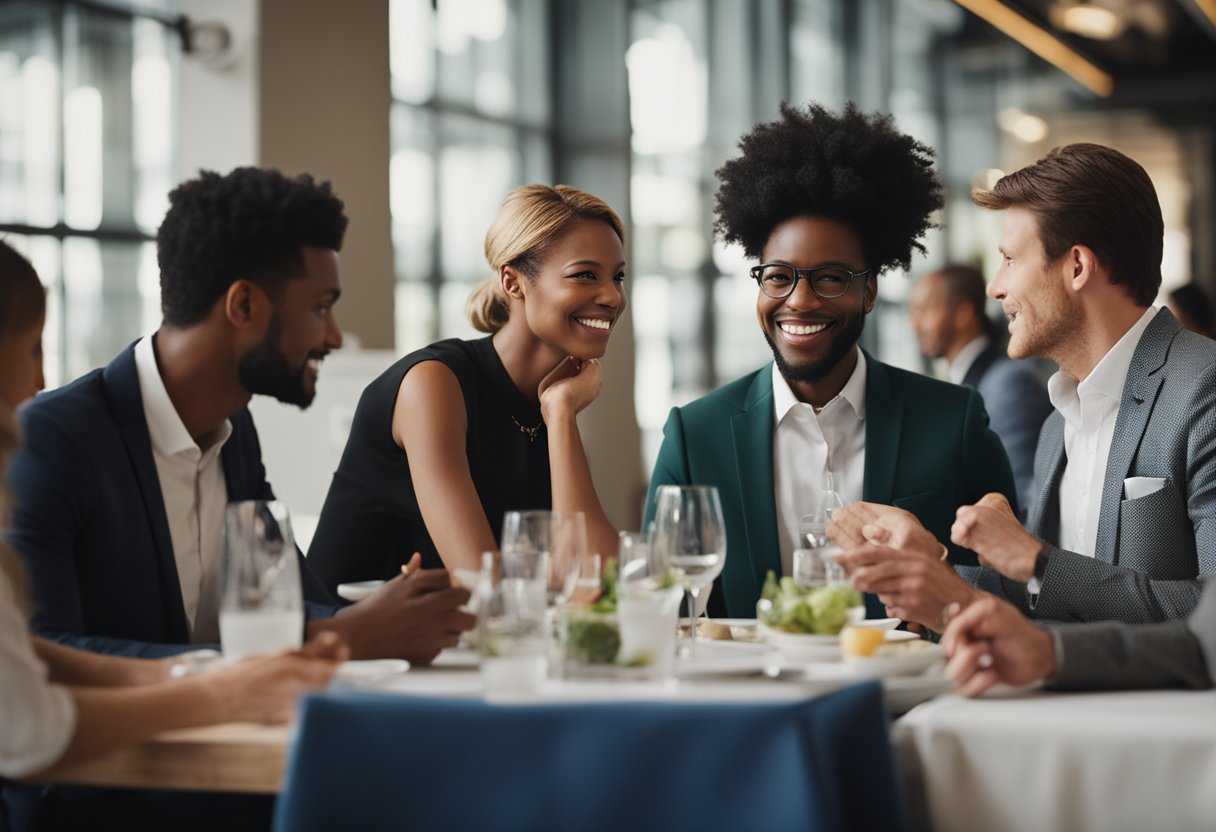 A group of diverse professionals engaging in conversation at a networking event. Tables with refreshments and name tags are visible Networking 