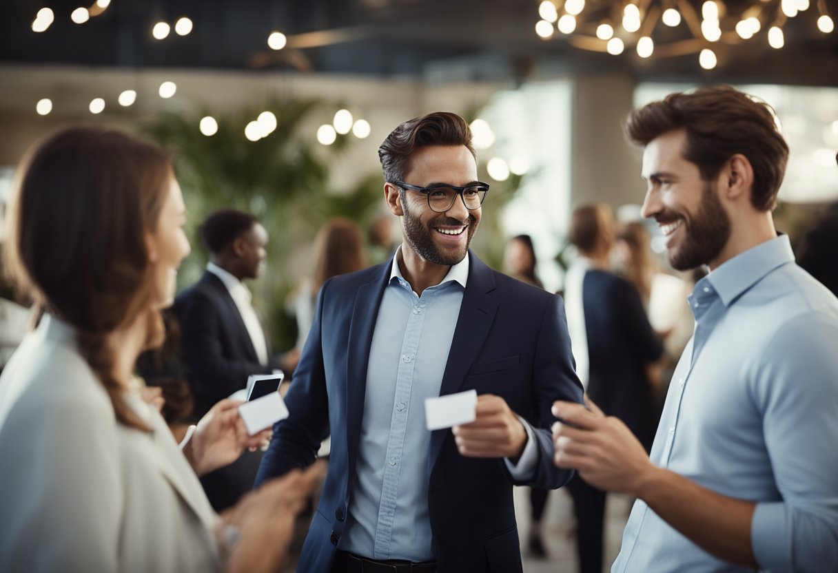 A group of professionals engage in conversation at a networking event, exchanging business cards and discussing potential job opportunities