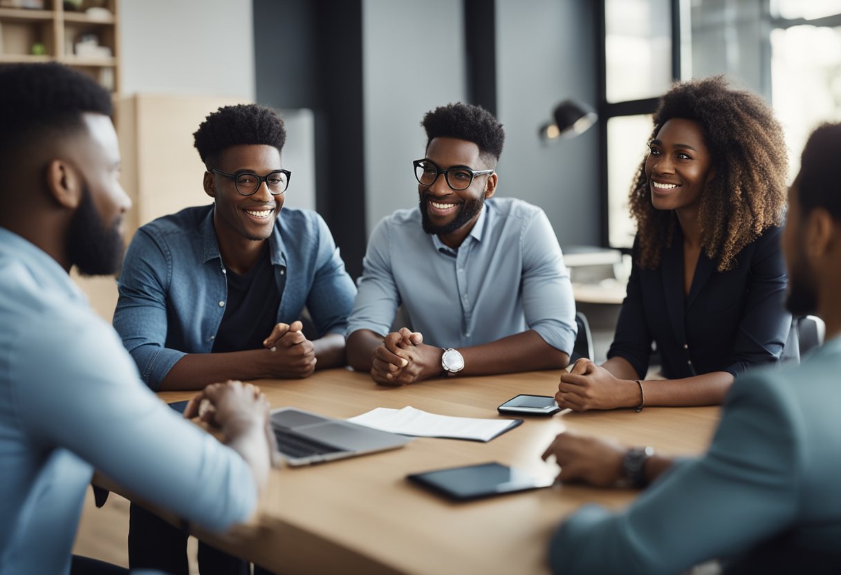 A group of diverse individuals collaborating on a project, sharing ideas and actively listening to each other in a professional setting