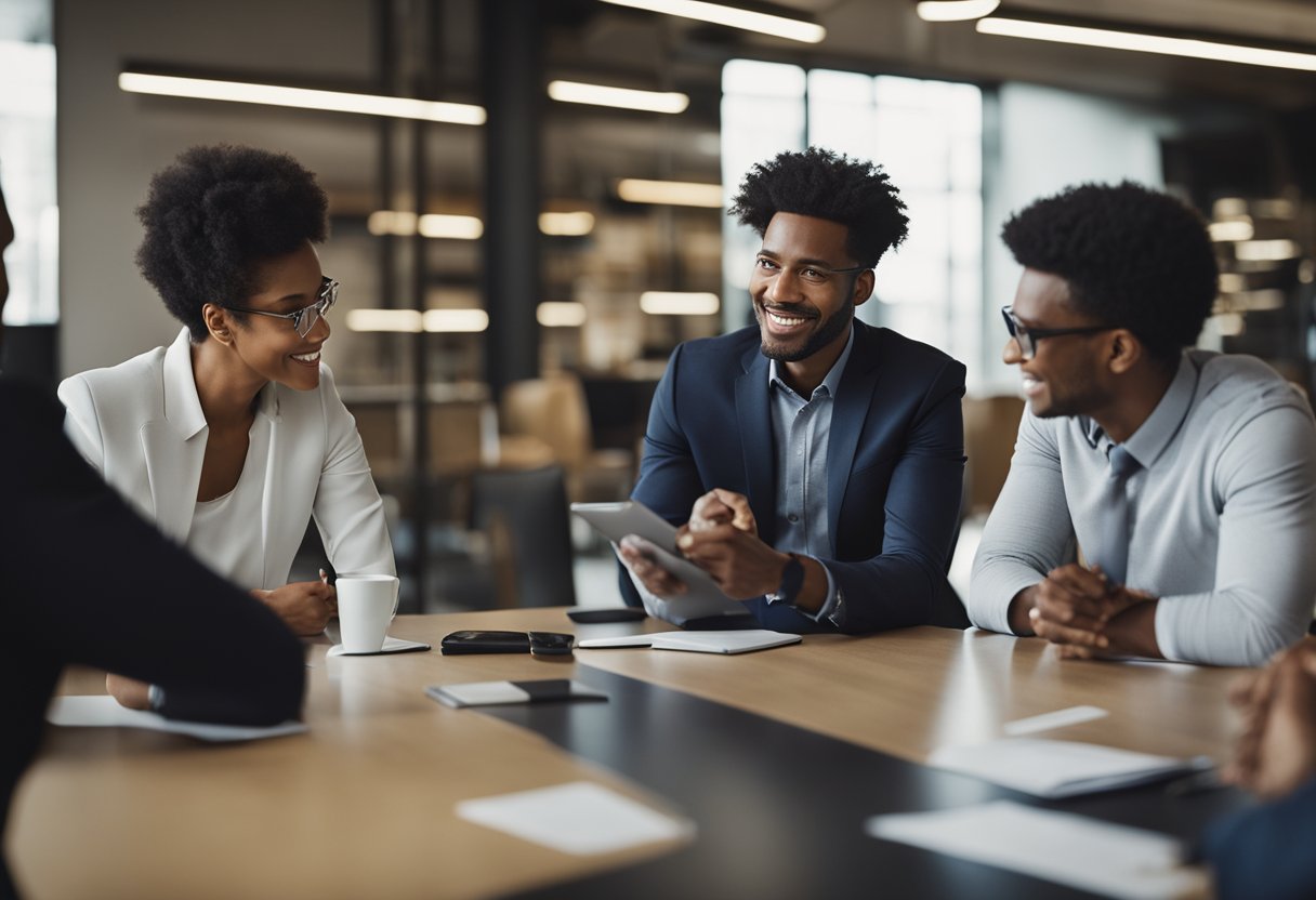 A group of diverse individuals engage in a collaborative discussion, sharing ideas and working together to solve a problem in a professional setting