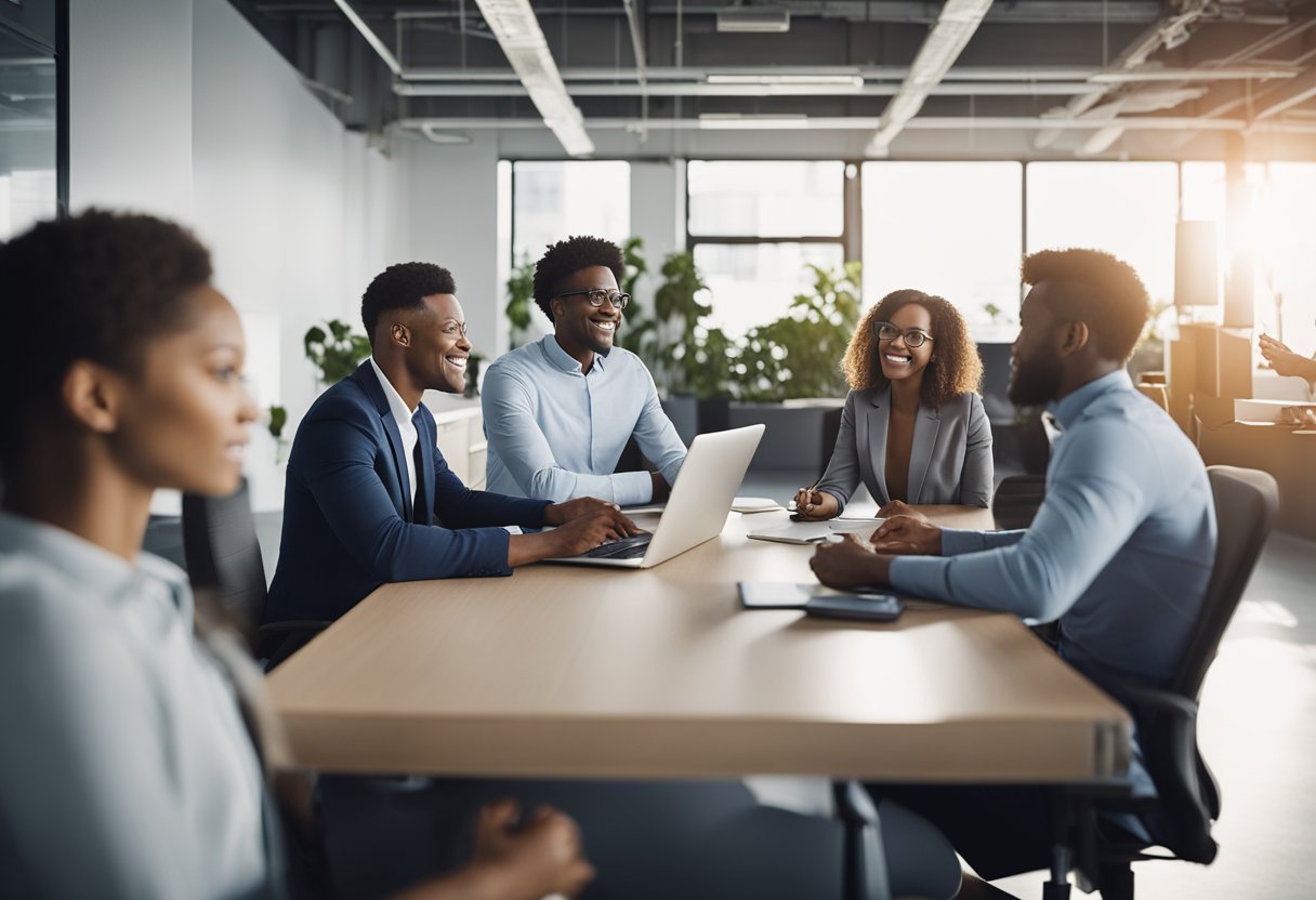 A group of diverse employees collaborate in a bright, modern office space, sharing ideas and working together to promote a positive organizational culture. Habilidades de Liderança.