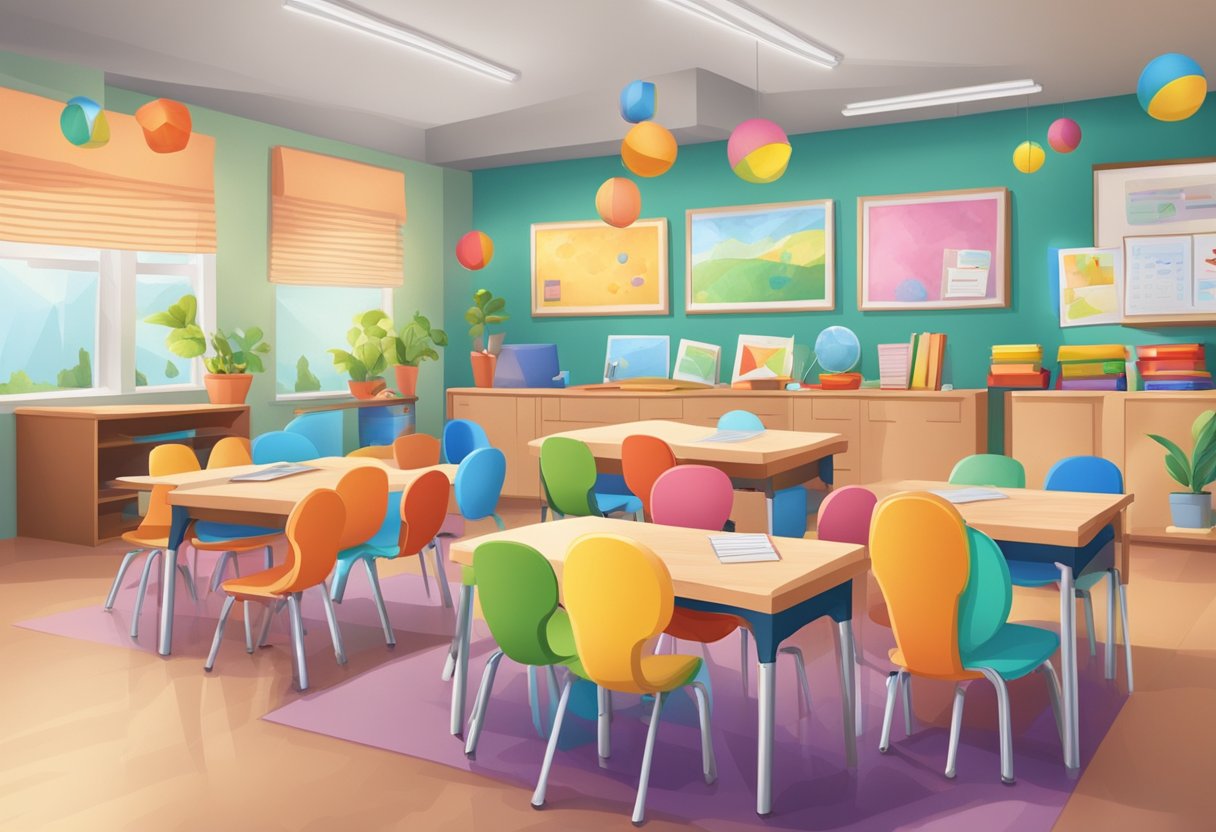 A colorful classroom with visual, auditory, and kinesthetic learning materials arranged in different areas, catering to various learning styles