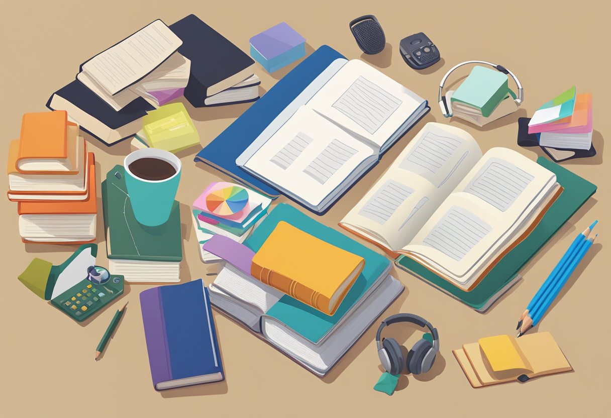 A diverse group of books, audio materials, and visual aids are spread out on a table, representing different learning styles