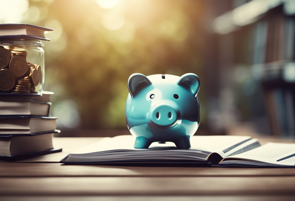 A piggy bank sits on a desk, surrounded by books on finance. A chart shows the growth of savings over time