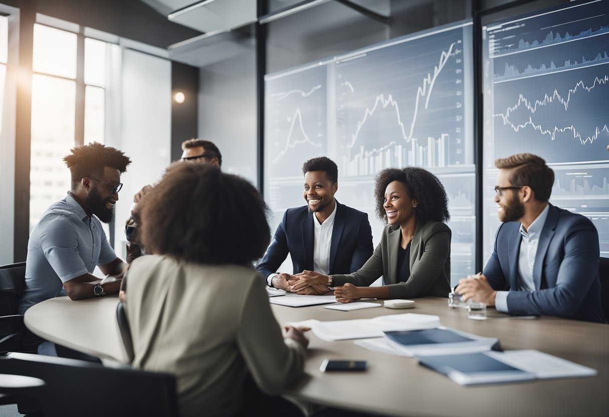 A group of diverse individuals gather around a large table, engaged in discussions and learning about financial concepts. Charts and graphs are displayed on the walls, illustrating key financial principles. Educação Financeira