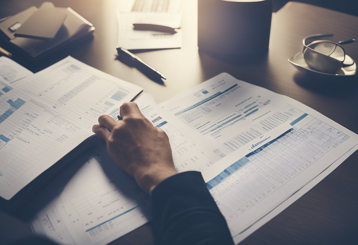 A person sitting at a desk, surrounded by financial documents and a budget spreadsheet. A book titled "Financial Education" is open on the table. Educação Financeira