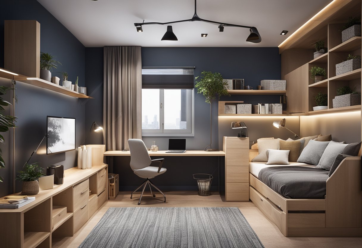 A small, cozy room with cleverly organized furniture and storage solutions. Every inch is utilized efficiently, creating a sense of spaciousness and functionality