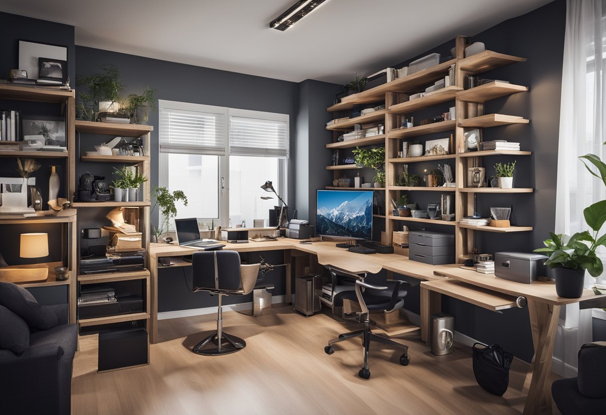 A small, cluttered room with limited space. Furniture is arranged strategically to maximize every inch. Use of shelves and multi-functional pieces is evident