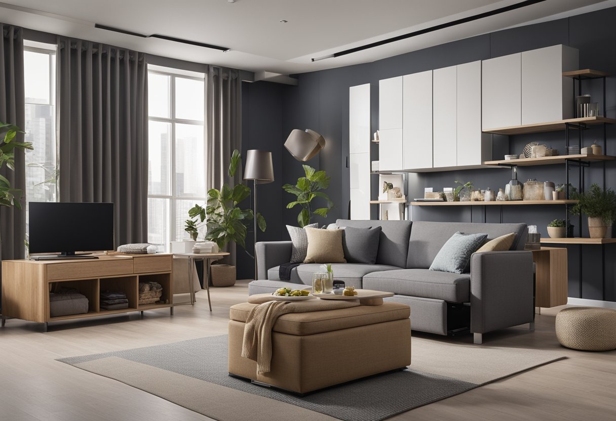 A small space with versatile furniture, such as a convertible sofa bed, foldable dining table, and storage ottomans. Efficient use of space with cleverly designed multi-functional pieces