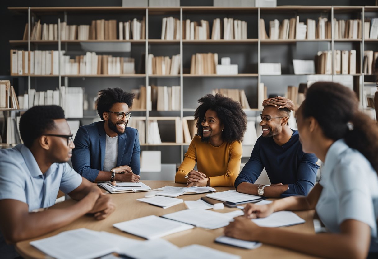 A group of diverse people engage in a lively discussion, surrounded by books and educational materials. Charts and diagrams adorn the walls, showcasing various critical thinking strategies Pensamento Crítico