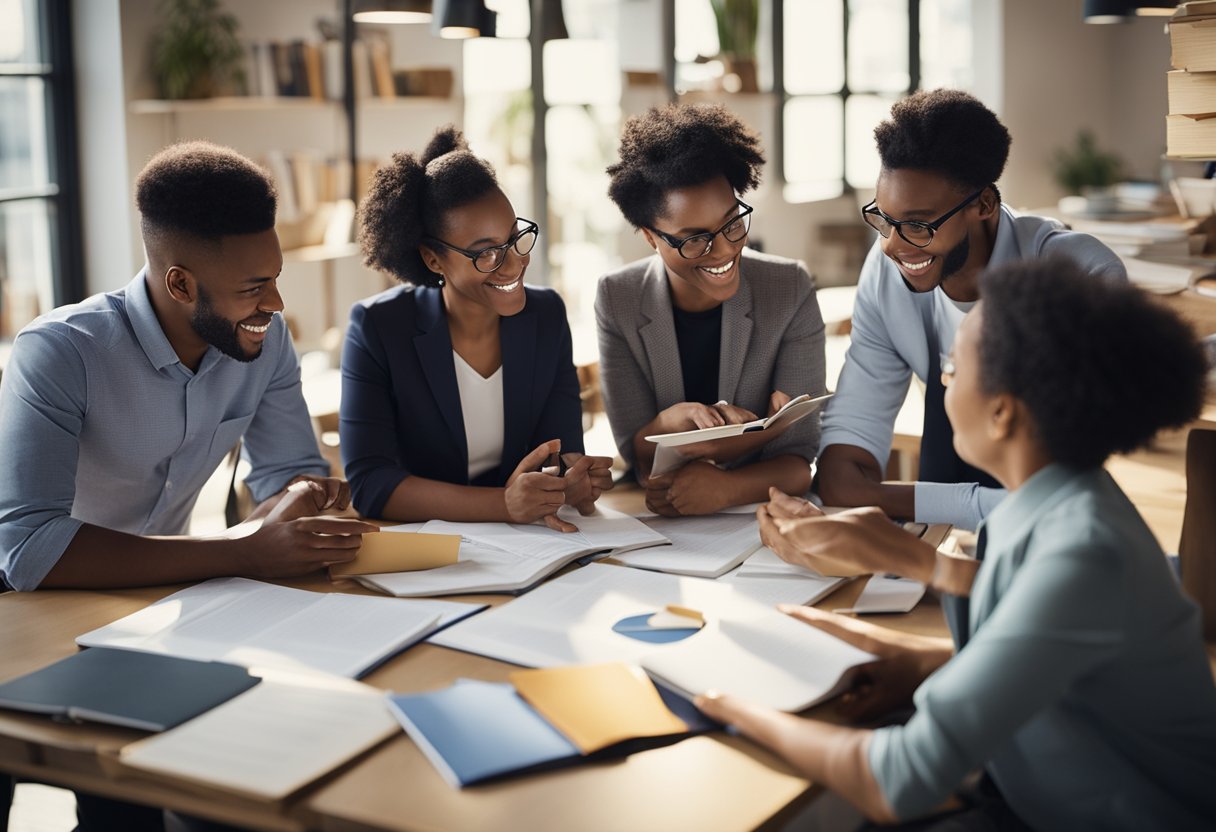 A group of diverse individuals engage in lively discussions, surrounded by books and charts, as they work together to develop critical thinking strategies