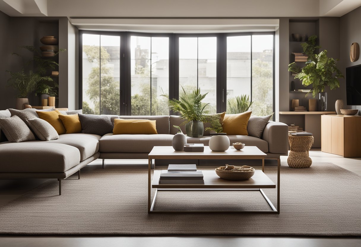 A modern living room with muted earth tones, minimalist furniture, and pops of bold color in accessories. Textured textiles and organic materials add warmth and depth to the space