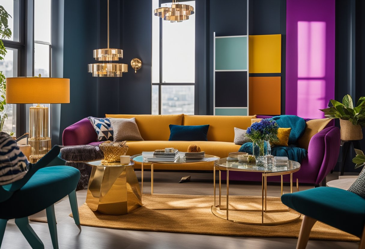 A vibrant color palette featuring bold and rich hues, complemented by modern and sleek accessories, set against a backdrop of contemporary and stylish decor trends for 2024 Tendências de Decoração 