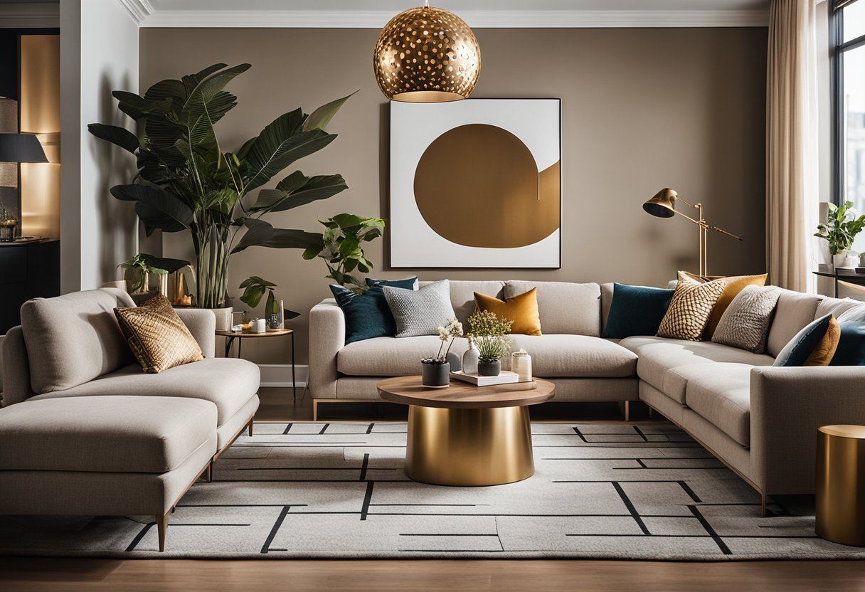 A modern living room with bold, earthy tones and minimalist furniture. Geometric patterns and natural textures blend seamlessly with metallic accents and statement lighting