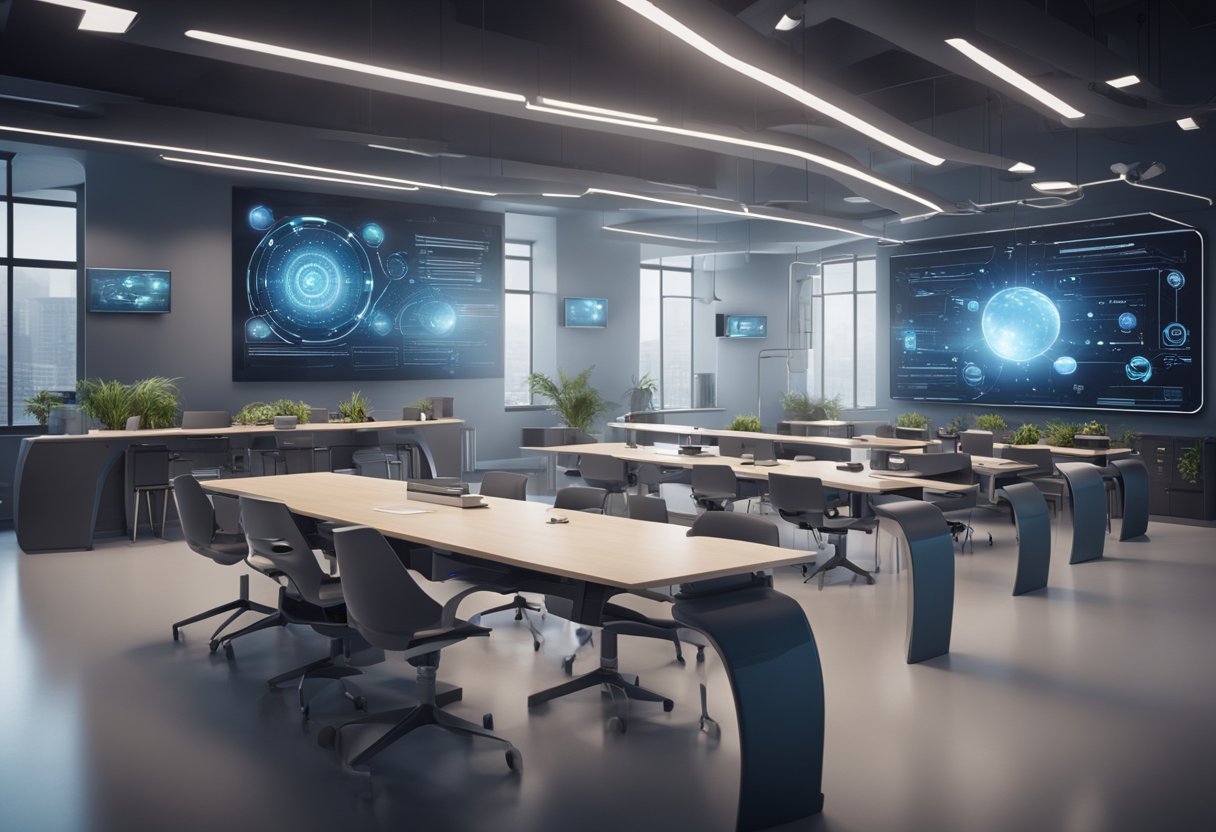 A futuristic classroom with holographic displays and interactive learning tools. Virtual reality headsets and advanced AI technology are integrated into the learning environment