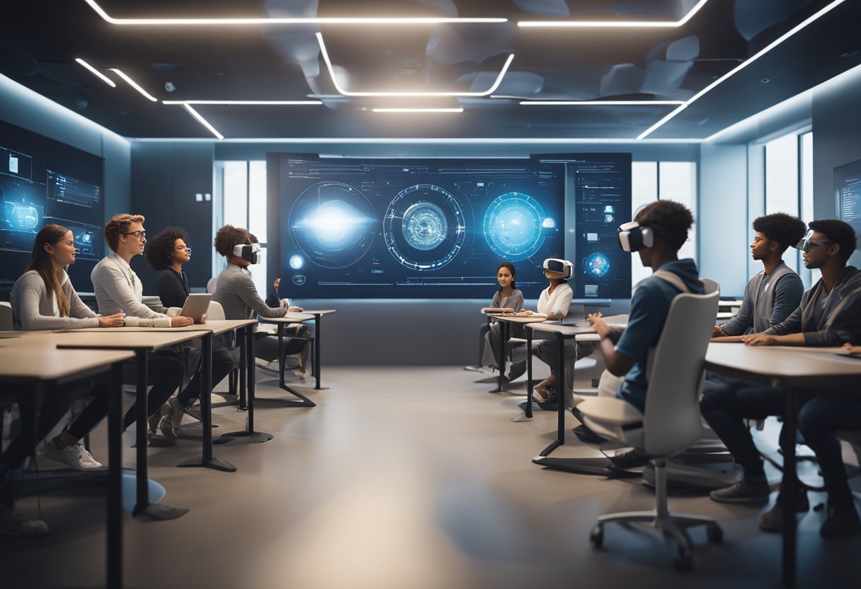 A futuristic classroom with interactive holographic displays, students using virtual reality headsets, and AI-powered teaching assistants Tendências 