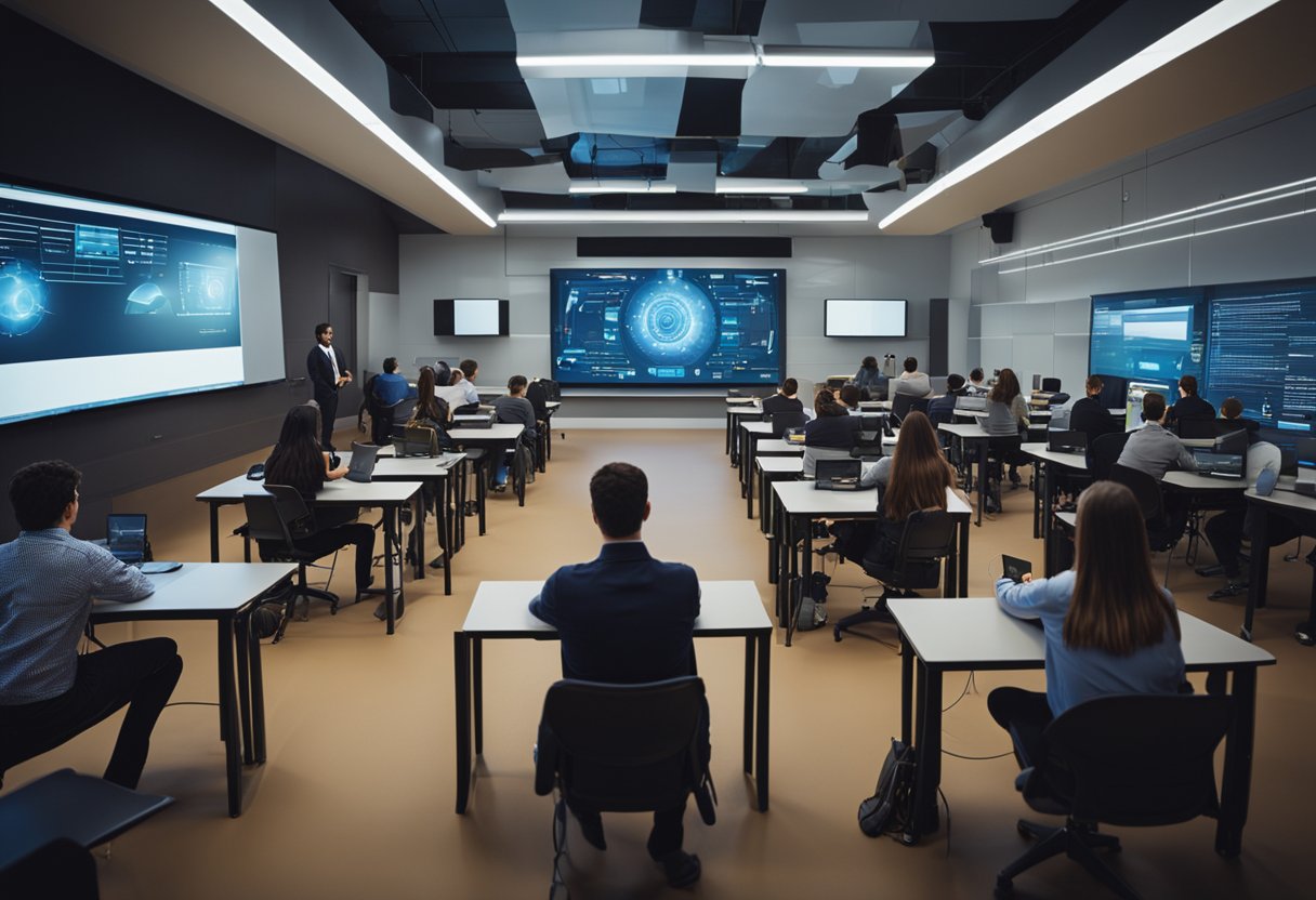 A classroom setting with futuristic technology, such as holographic displays and interactive learning tools, surrounded by students engaged in collaborative and immersive learning experiences