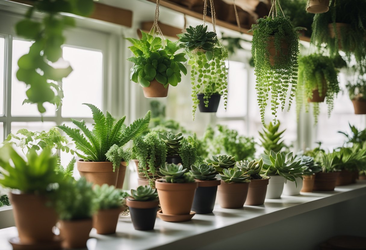 Lush green plants fill a bright, airy room with natural beauty. Potted ferns, hanging vines, and succulents adorn shelves and tables, creating a peaceful and inviting atmosphere Decorar com Plantas