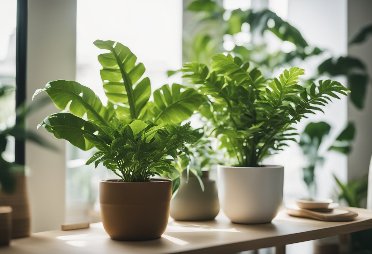 Lush green plants adorn a bright, airy living space. Pops of vibrant color and natural textures bring life and tranquility to the room