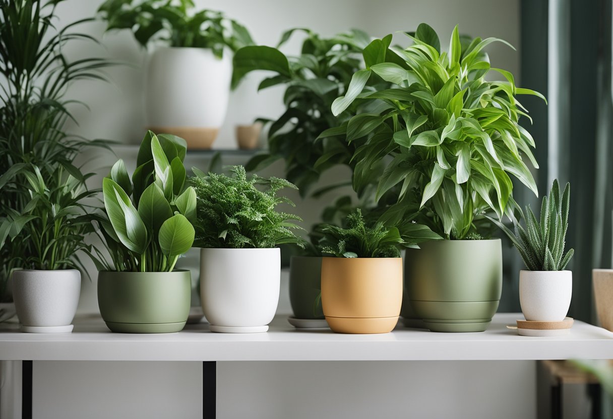 Lush green plants arranged in various pots and planters, adorning the interior space with a touch of natural beauty and tranquility