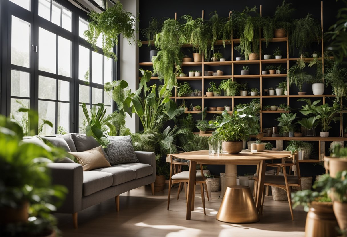 A cozy living room with lush green plants adorning shelves and tables, bringing life and vibrancy to the space. Sunlight filters through the window, casting a warm glow on the natural decor