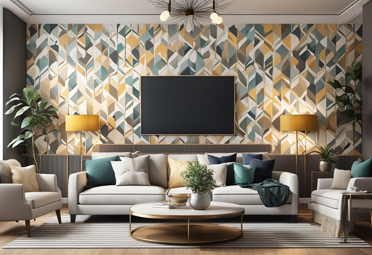 A cozy living room with a feature wall covered in a stylish and modern wallpaper pattern, complementing the room's decor and creating a warm and inviting atmosphere. Papel de Parede Ideal