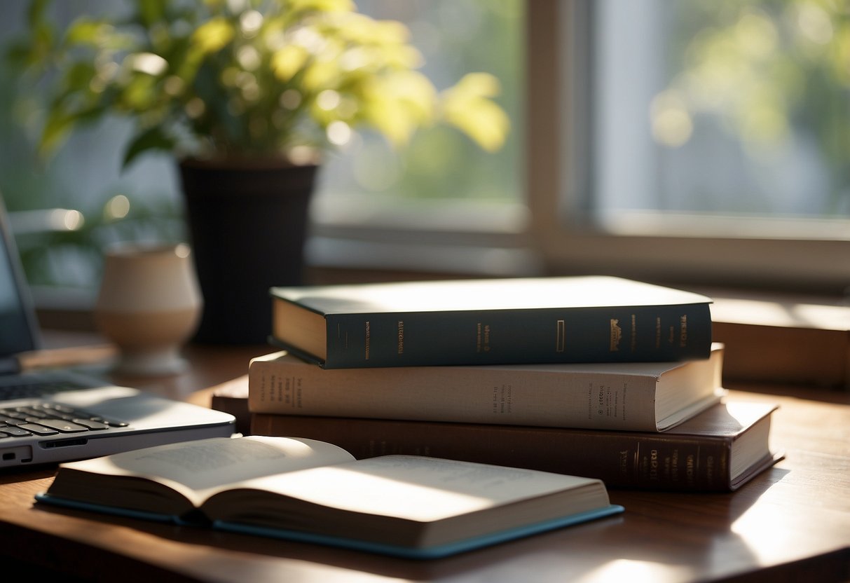 A book open on a desk, surrounded by various learning materials such as notebooks, pens, and a laptop. The scene is illuminated by natural light coming in through a window, creating a peaceful and studious atmosphere Aprendizagem 