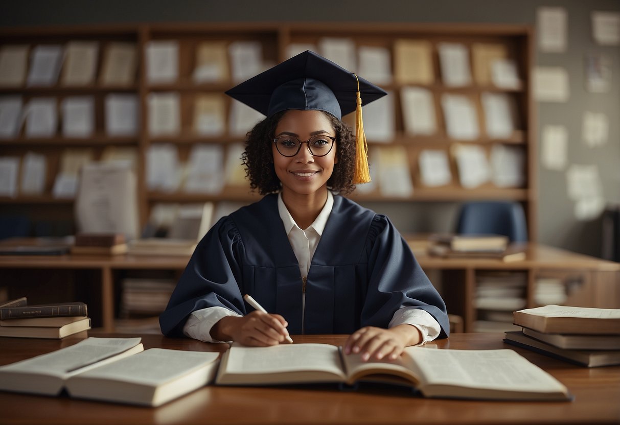 A person studying at a desk with books, a laptop, and notes. A graduation certificate on the wall. Symbolic imagery of learning and growth