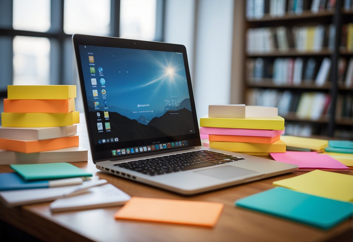 A stack of books and a laptop on a desk, surrounded by colorful sticky notes and pens. A shelf filled with educational materials in the background