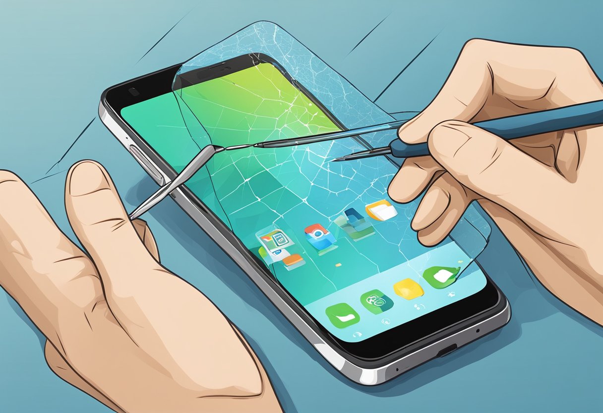 A smartphone with a cracked screen being repaired by imyfone fixppo software