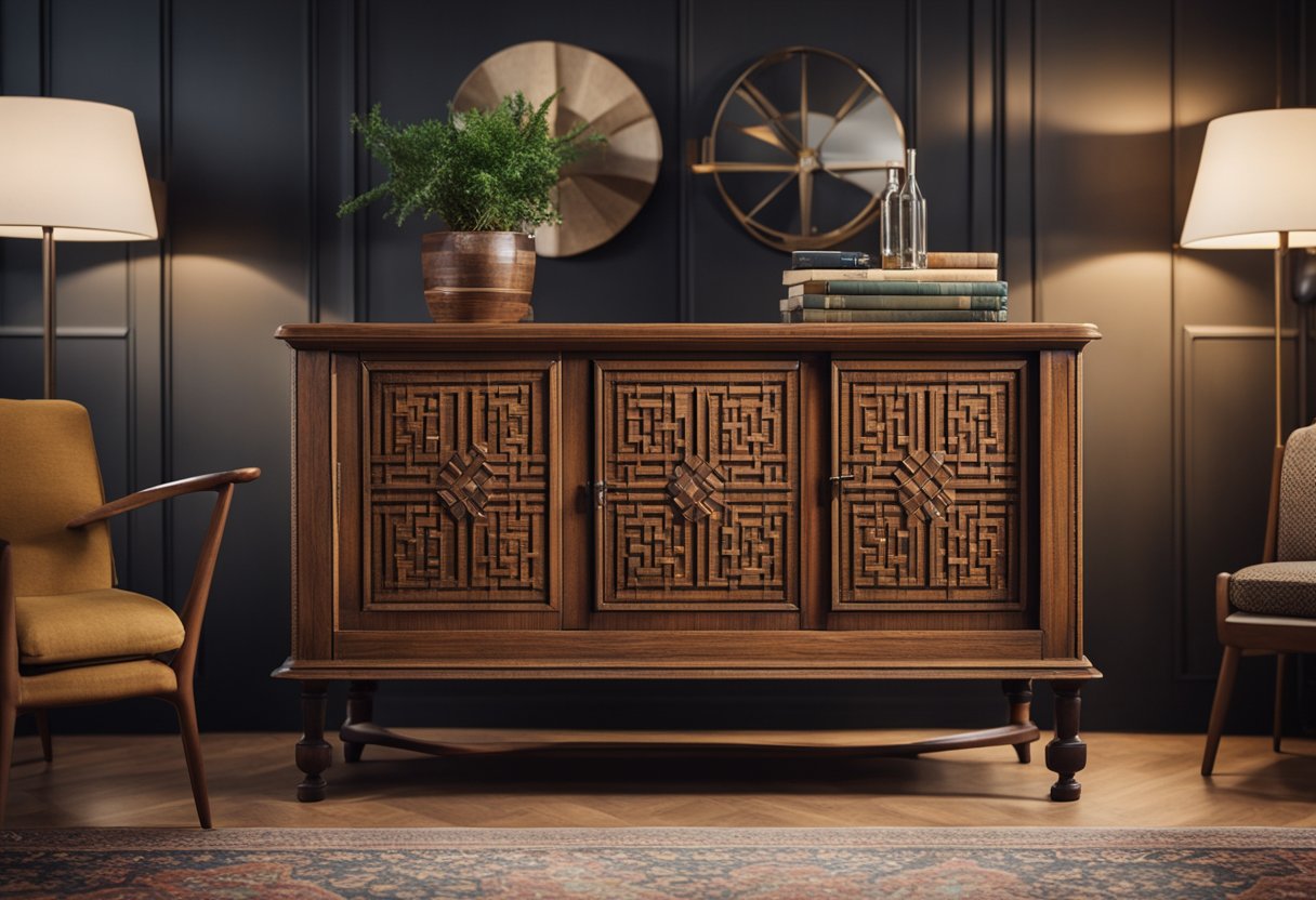 An antique wooden cabinet stands next to a sleek, modern sofa. A vintage rug with a geometric pattern lies on the floor, complementing the mix of old and new furniture Móveis Antigos com Design Moderno