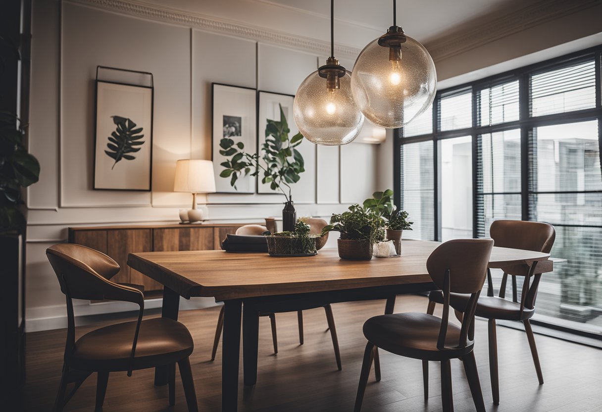 A room with a vintage wooden table and chairs paired with sleek, contemporary lighting and decor. The mix of old and new creates a harmonious and stylish space