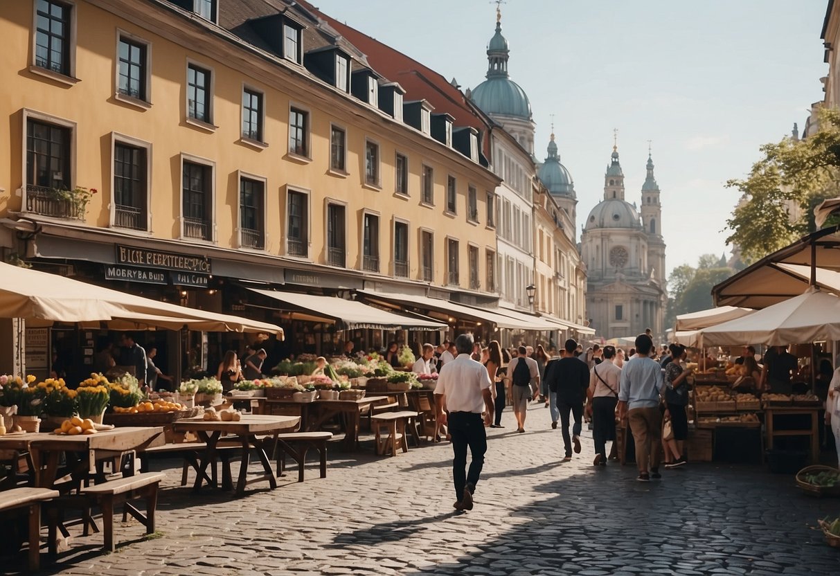 A bustling European marketplace with colorful buildings and cobblestone streets, surrounded by historic landmarks and lively cultural activities Europa