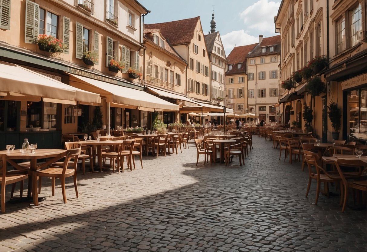 A picturesque European town square, surrounded by historic buildings and cobblestone streets, with a lively market and outdoor cafes