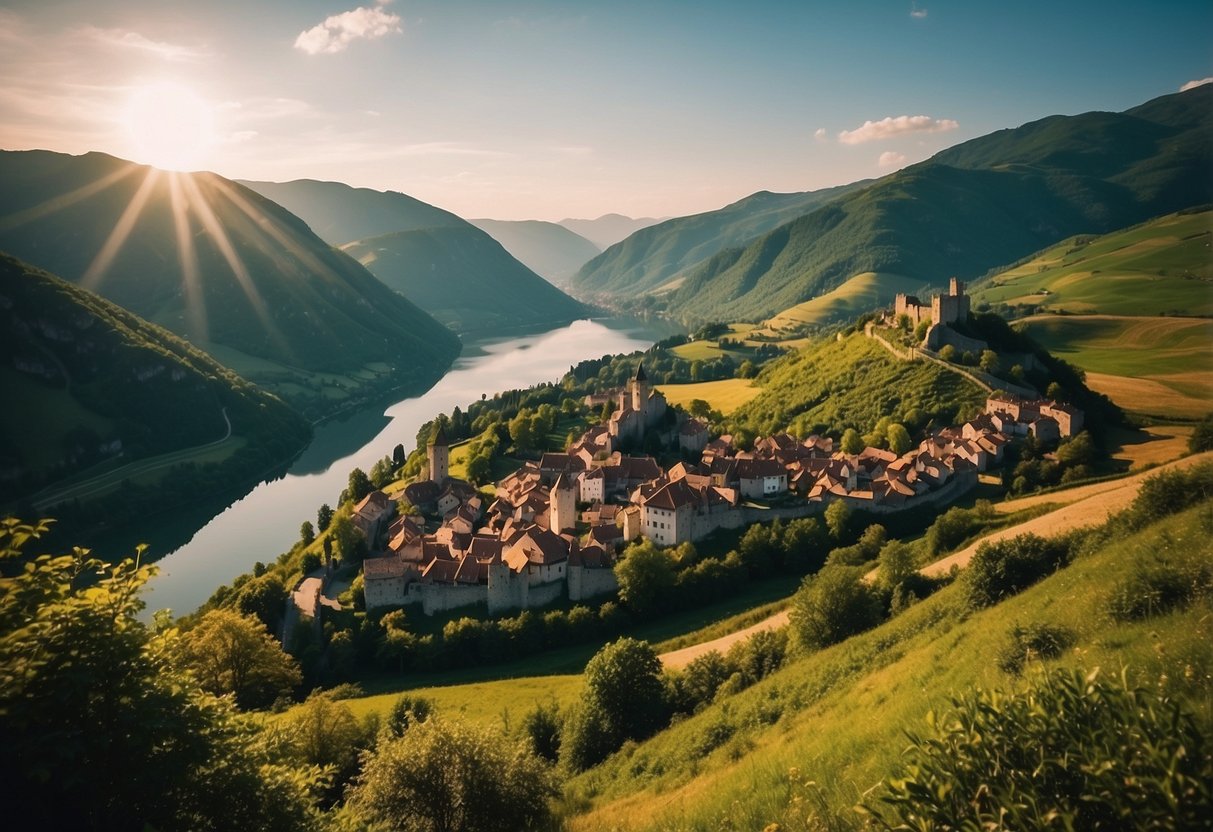 Lush green mountains overlook a serene lake, with a quaint European village nestled in the valley below. The sun sets behind ancient castles and historic landmarks, creating a picturesque scene of natural beauty and cultural charm