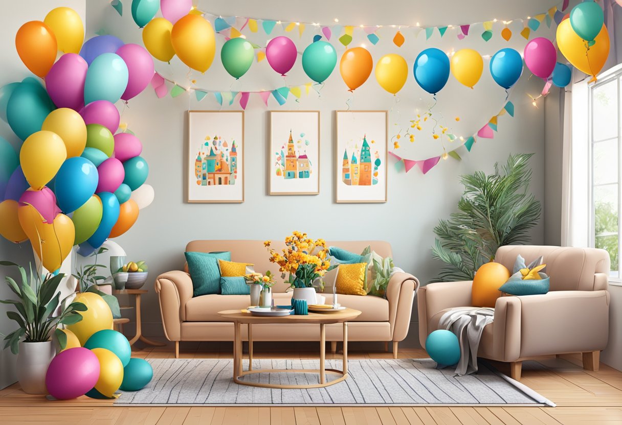 A cozy living room with colorful balloons, streamers, and a festive table setting. A banner with "Decoração de Festas em Casa" hangs on the wall