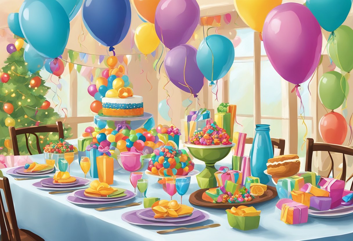 A festive table adorned with colorful decorations, including balloons, streamers, and themed centerpieces. A variety of party supplies and accessories are arranged around the table, creating a lively and inviting atmosphere