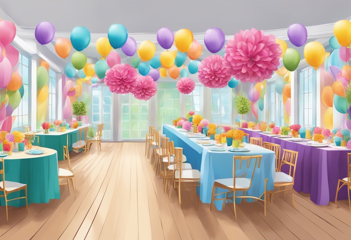 Colorful DIY party decorations fill the room: handmade banners, paper flowers, and glittering centerpieces. A festive atmosphere for any occasion Decoração de Festas