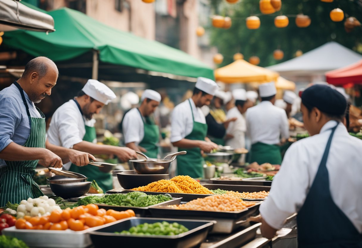 A bustling outdoor market with colorful food stalls and people enjoying meals at outdoor tables. A chef is cooking up a storm in a busy kitchen, surrounded by fresh ingredients and sizzling pans