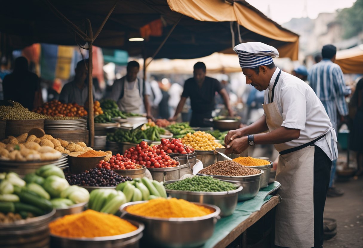 A bustling outdoor market with colorful stalls selling fresh produce, spices, and street food. A chef expertly prepares a traditional dish while locals and tourists sample the diverse culinary offerings