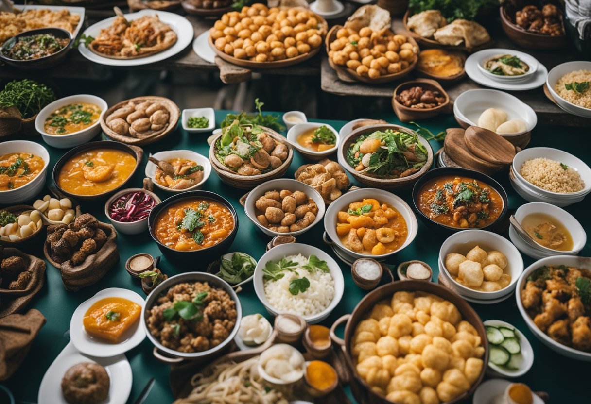 A table filled with colorful and delicious typical dishes from various regions, surrounded by vibrant and bustling food markets Viagens Gastronômicas 