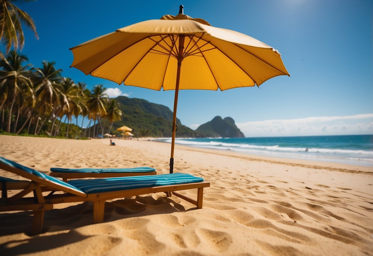 A beautiful beach with palm trees, clear blue water, and golden sand in Brazil. Sun shining, waves crashing, and a colorful umbrella in the distance. Destinos de Praia no Brasil