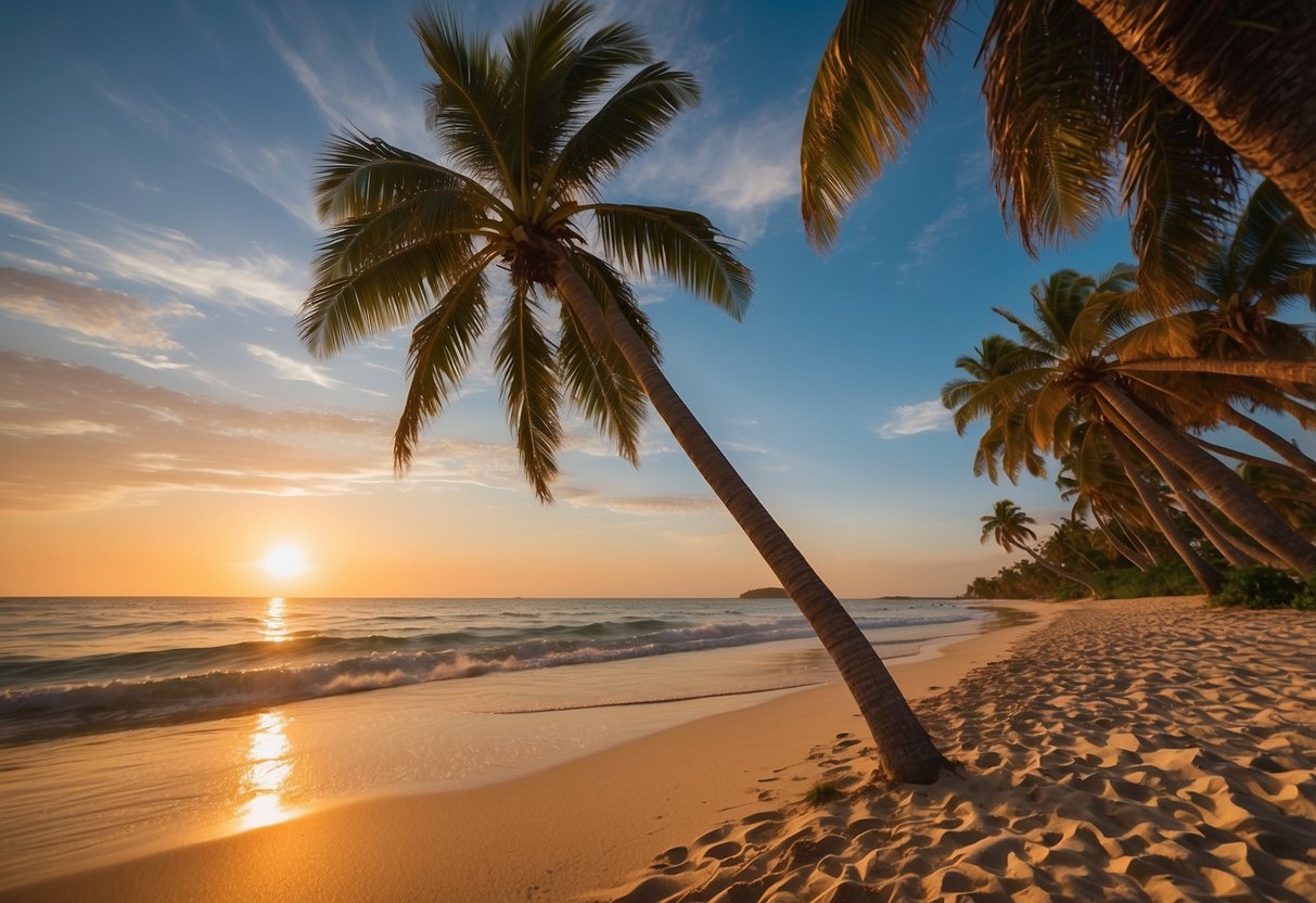 A serene beach with palm trees, clear blue waters, and golden sand stretching into the distance, with a vibrant sunset casting a warm glow over the landscape